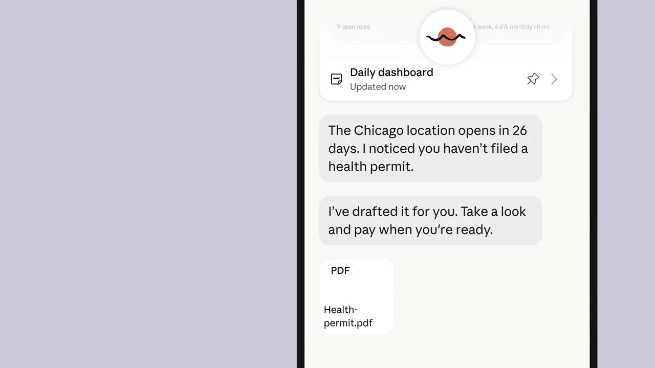 Claude Duet showing an updated daily dashboard and a drafted health permit PDF
